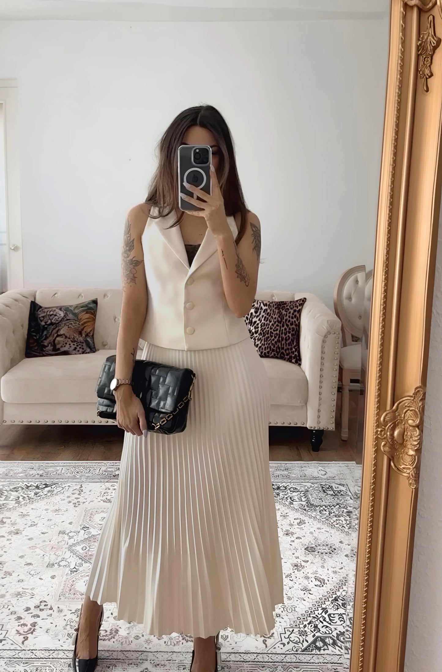 Chique Mouwloos Gilet met Lange Plooirok
